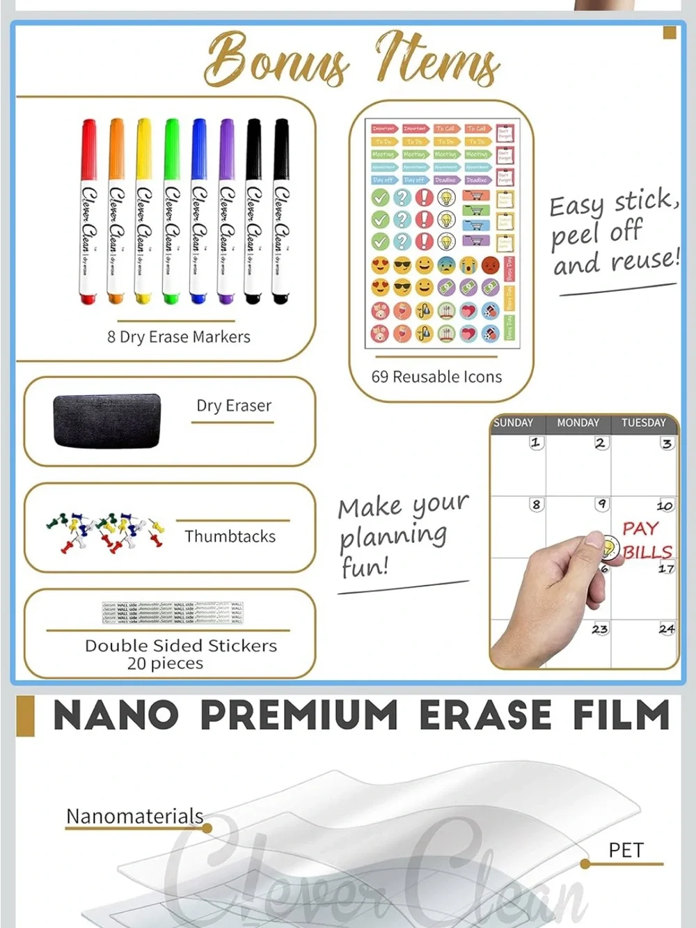 Clever Clean large dry erase wall calendar 48'' x 58” with accessories!